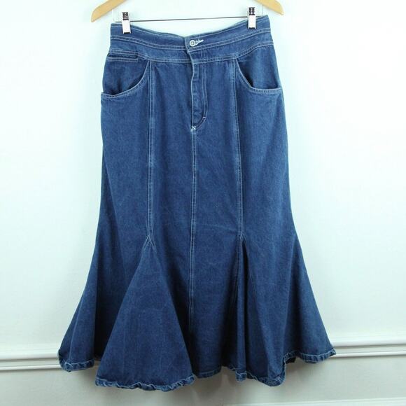Vintage Medium 12 90s Denim Flare Midi Skirt Western Cowgirl Prairie Boho Y2K - Picture 1 of 7